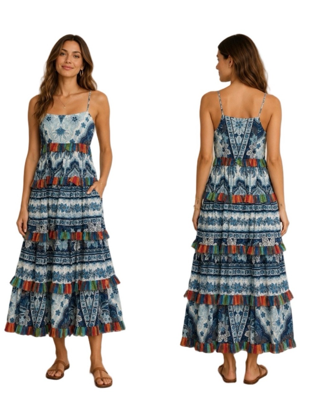 Farm Rio Blue Palms Frilled Skirt Midi Dress Small